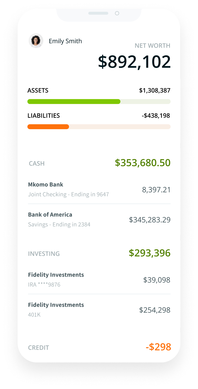 Graphic depicting the fintech operating as intended with the example of a consolidated view of finances such as assets and liabilities